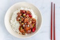 General Tso`s Chicken on Top of Rice Top Down Food Photography