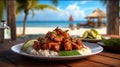 General Tsos Chicken On A Wooden Table Backdrop Of The Bergue Thailand Cafe. Generative AI