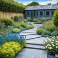 general view of back garden with artificial grey paving slab flower bed with