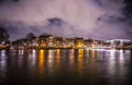 General view of beautiful night Amsterdam city canals Royalty Free Stock Photo