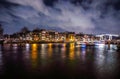 General view of beautiful night Amsterdam city canals Royalty Free Stock Photo