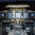 General view of the empty cockpit cockpit. Commercial flight simulator for flight training.