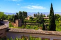 General view of The Generalife courtyard, with its famous fountain and garden. Alhambra de Granada complex, Spain Royalty Free Stock Photo