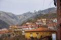 General view of Guijo de Santa Barbara and Gredos Mountains with snow