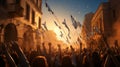 General view of huge crowd of people with raised hands under blue and white flags marching along evening city street Royalty Free Stock Photo