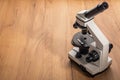 General view of a microscope on a wooden table