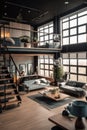 General view of modern loft apartment with large windows, created using generative ai technology