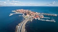 General view of Nessebar, ancient city on the Black Sea coast of Bulgaria. Panoramic aerial view.