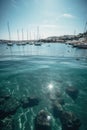 General view of port with sailing boats, sea, and sunlight created using generative ai technology Royalty Free Stock Photo