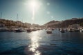 General view of port with sailing boats, sea and sunlight created using generative ai technology Royalty Free Stock Photo