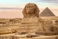 General view of pyramids with Sphinx. The Sphinx and the Piramids, famous Wonder of the World, Giza, Egypt. incredible view of the Royalty Free Stock Photo