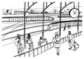 General view of railway platform with trains and passengers. Horizontal black and white picture, hand drawn vector