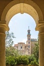 Saint Georges Maronite cathedral framed by an arch in downtown Beirut Central District, Lebanon Royalty Free Stock Photo