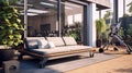 General view of terrace with sofa and fitness equipment. house interior, design, fitness and domestic life