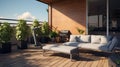 General view of terrace with sofa and fitness equipment. house interior, design, fitness and domestic life