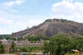 General view of Vindhyagiri hill temple complex, Sravanabelgola, Karnataka. View from Chandragiri hill. Large Belgola, white pond,