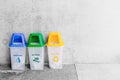 General Waste blue Wet Garbage green and Recycle Waste Yellow trash bin with space for text Royalty Free Stock Photo