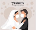 Wedding during quarantine. Groom and bride wearing protective face mask on wedding day. Flat vector illustration. Wedding Couple W