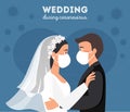 Wedding during Coronavirus. Groom and bride wearing protective face mask on wedding day. Flat vector illustration. Wedding Couple