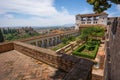 Generalife Palace view with both Courtyards and Alhambra on background - Granada, Andalusia, Spain Royalty Free Stock Photo