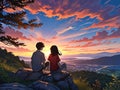 Anime boy with his girlfriend both sitting on a top of a mountain, sunset view beautiful sky Royalty Free Stock Photo