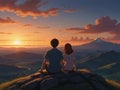 Anime boy with his girlfriend both sitting on a top of a mountain, sunset view beautiful sky Royalty Free Stock Photo