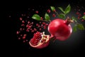 Generate AI. Flying in air fresh ripe whole and cut pomegranate with seeds and leaves isolated on black background. High resolutio