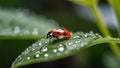 Ladybug dwells on dewy leaves
