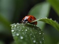 Ladybug dwells on dewy leaves