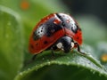 Ladybug dwells on dewy leaves