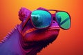 Generate AI. Macro cute chameleon in a pair of colorful glasses, hyperrealistic compositions, inventive. Chameleon wearing sunglas