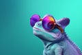 Generate AI. Macro cute chameleon in a pair of colorful glasses, hyperrealistic compositions, inventive. Chameleon wearing sunglas