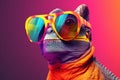 Generate AI. Macro cute chameleon in a pair of colorful glasses, hyperrealistic compositions, inventive. Chameleon wearing sunglas