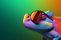 Generate AI. Macro cute chameleon in a pair of colorful glasses, hyperrealistic compositions, inventive. Chameleon wearing sunglas