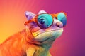 Generate AI. Macro cute chameleon in a pair of colorful glasses, hyperrealistic compositions, inventive. Chameleon wearing sunglas