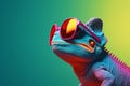 Generate AI. Macro cute chameleon in a pair of colorful glasses, hyperrealistic compositions, inventive. Chameleon wearing sunglas