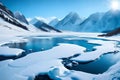 a frozen river winding through snow-covered hills with a backdrop Royalty Free Stock Photo