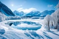 A frozen river winding through snow-covered hills with a backdrop Royalty Free Stock Photo