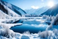 Generate an enchanting winter landscape in HD, depicting a frozen river