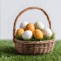 generate on green grass Easter Basket with Painted Eggs on Green Grass white background Royalty Free Stock Photo