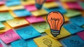 Generate Ideas From Colorful Notes, New Ideas On Paper Notes With Lightbulbs Royalty Free Stock Photo