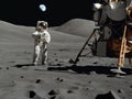 Generate an image capturing the moon landing, featuring a lone astronaut standing on the lunar surface. Show the Apollo 11s Eagle Royalty Free Stock Photo