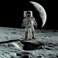 Generate an image capturing the moon landing, featuring a lone astronaut standing on the lunar surface. Show the Apollo 11s Eagle Royalty Free Stock Photo