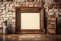 An image featuring a blank wooden picture frame mockup gracefully placed against a weathered old brick wal