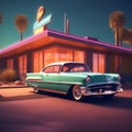 generate an image of a vintage car parked in front of a retro motel with neon lights and mid-century