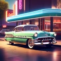 generate an image of a vintage car parked in front of a retro motel with neon lights and mid-century