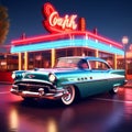 generate an image of a vintage car parked in front of a retro motel with neon lights and mid-century