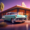 generate an image of a vintage car parked in front of a retro motel with neon lights and mid-century