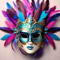 generate an imaginative rendering of a masquerade mask adorned with cascading blue and purple feather Royalty Free Stock Photo