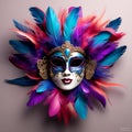 generate an imaginative rendering of a masquerade mask adorned with cascading blue and purple feather Royalty Free Stock Photo